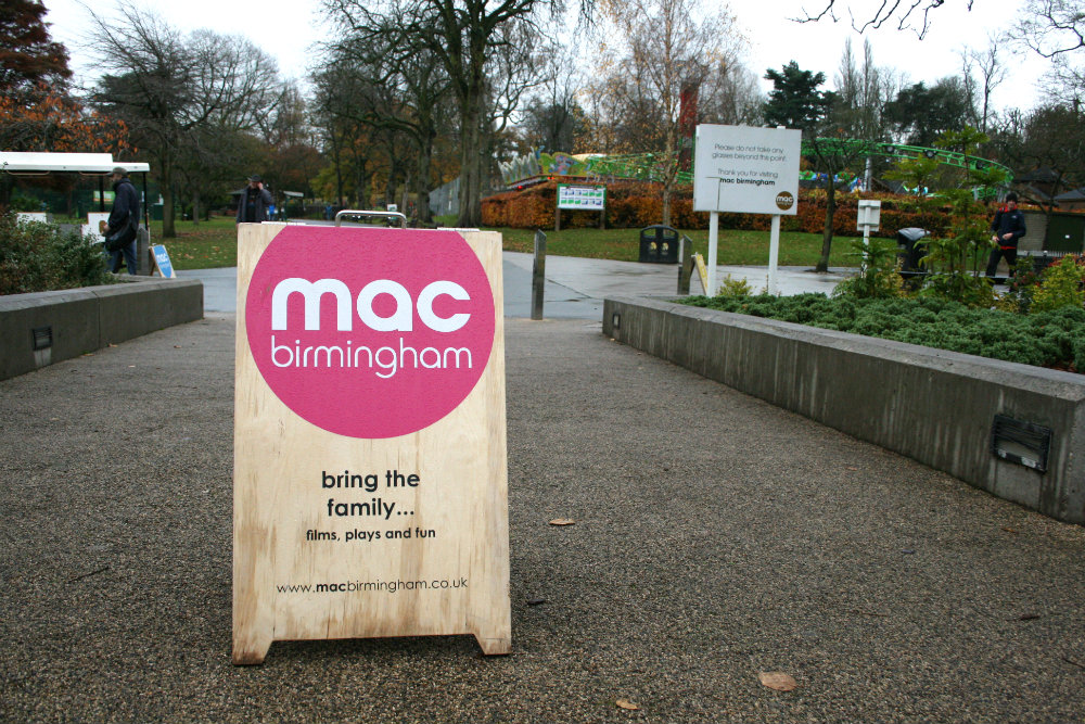 Outside of Midlands Art Centre, Birmingham. A welcome sign by the park