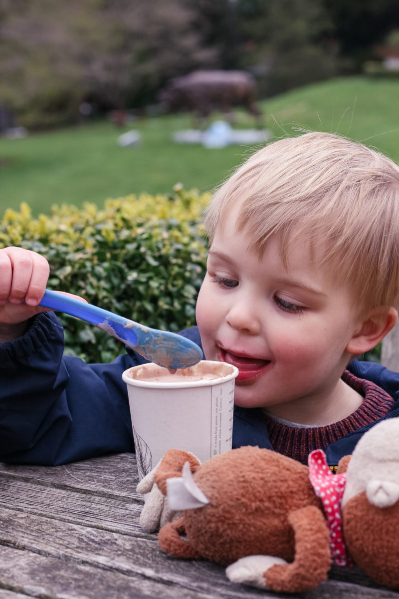 Enjoying a hot chocolate outside at the Botanical Gardens