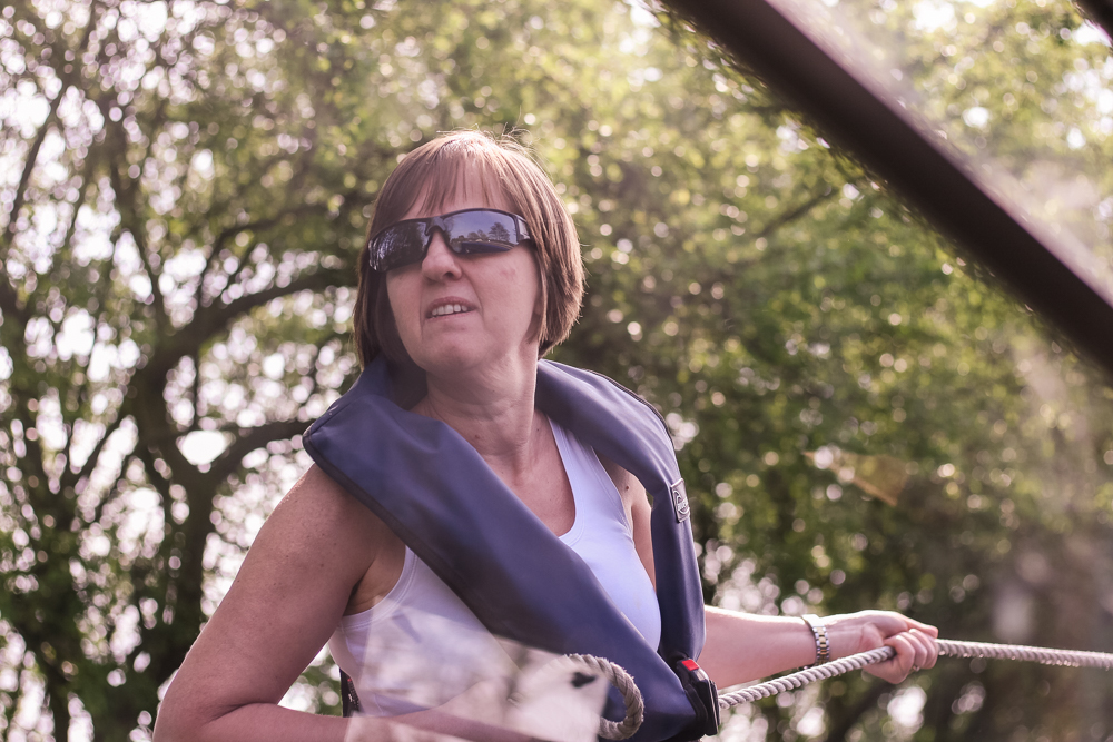 Nanny Pol using her strength to help moor the canal boat