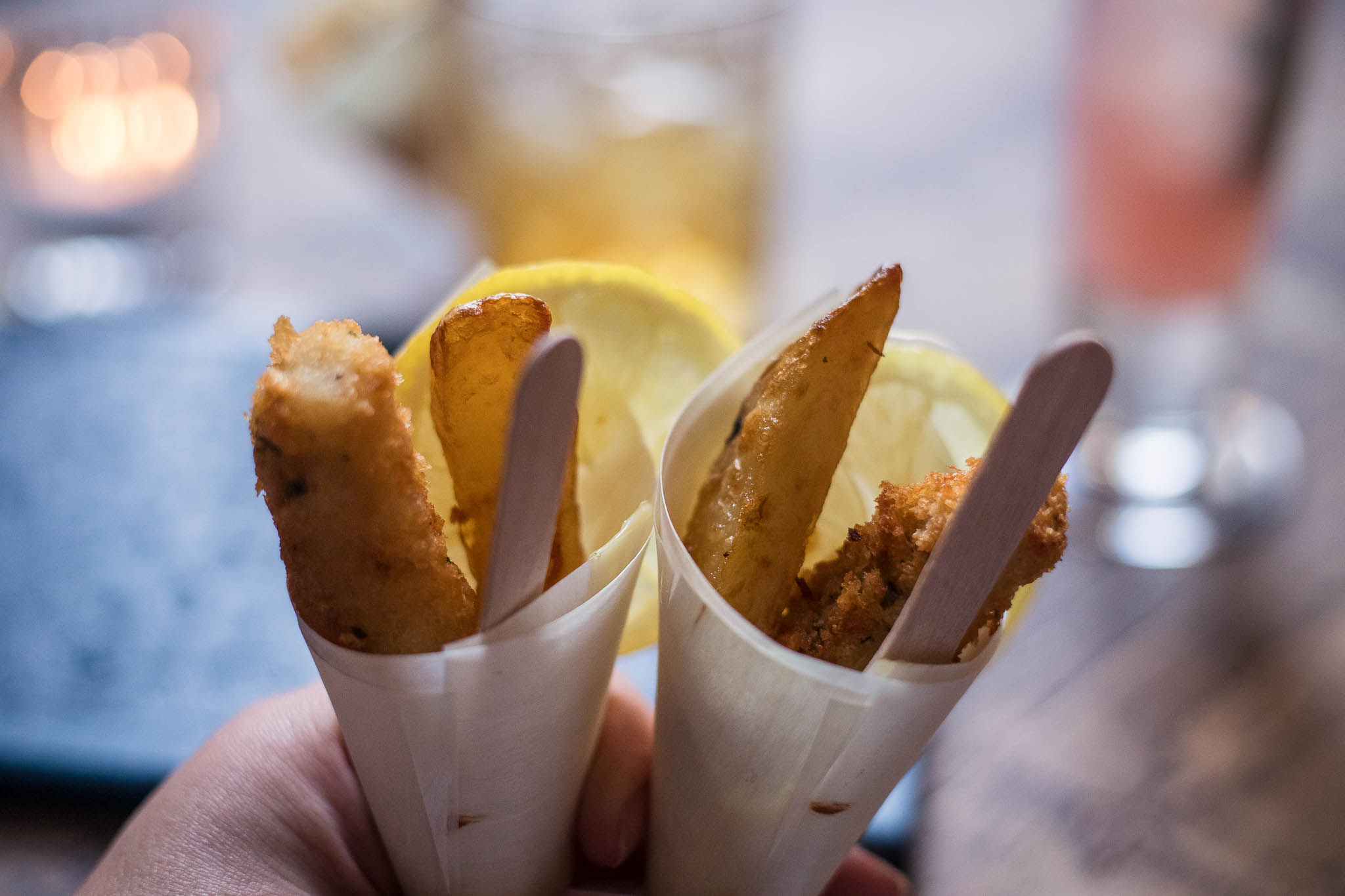 Mini fish and chip cones served as appetisers at The Lost and Found